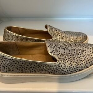 Sofft Metallic Perforated Slip-On Mules in Gold and White